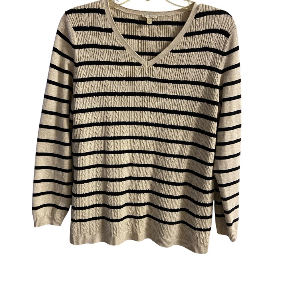 Talbots Cream and Black Striped V-Neck Sweater 1X